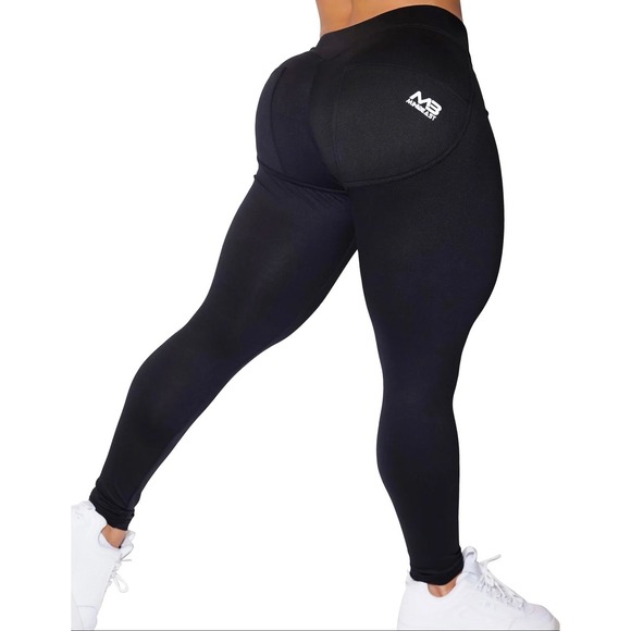 MINIBEAST Black Leggings V Waist Ruched Butt Pockets Workout Fitness Womens M - Picture 2 of 8